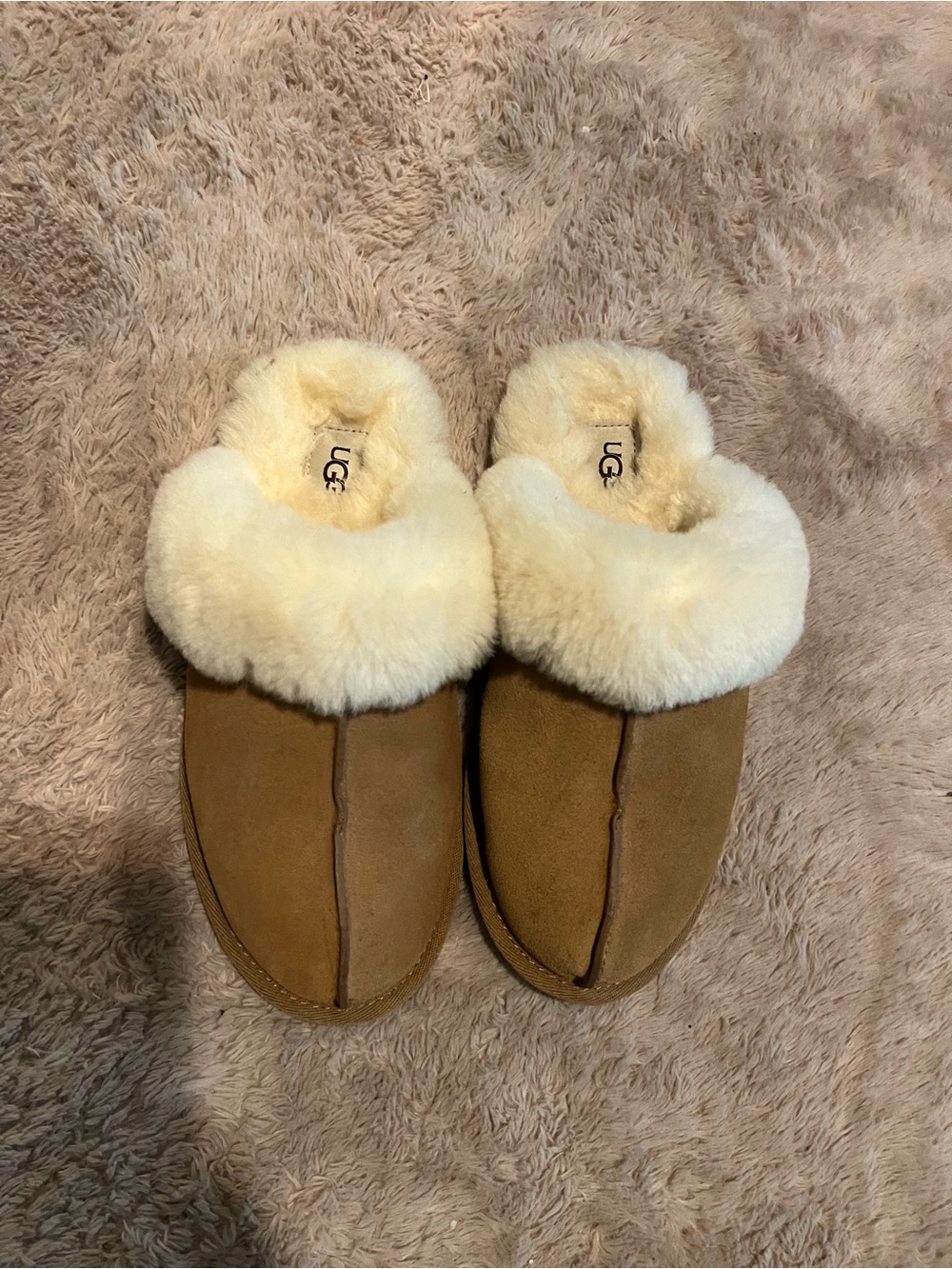 UGG Chestnut Suede Sheepskin Clog Slippers with Cream Fur Collar
